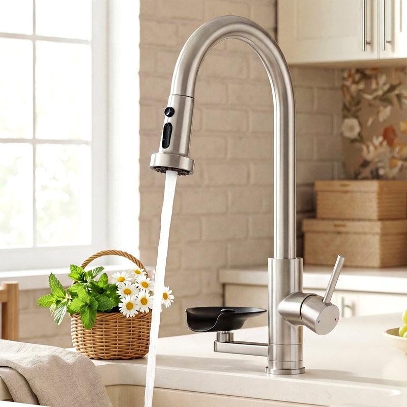 3-In-1 Kitchen Faucet With Press-Type Glass Rinser, High-Arc Pull-Down Sprayer, Single-Handle Deck Mount, Brushed Nickel