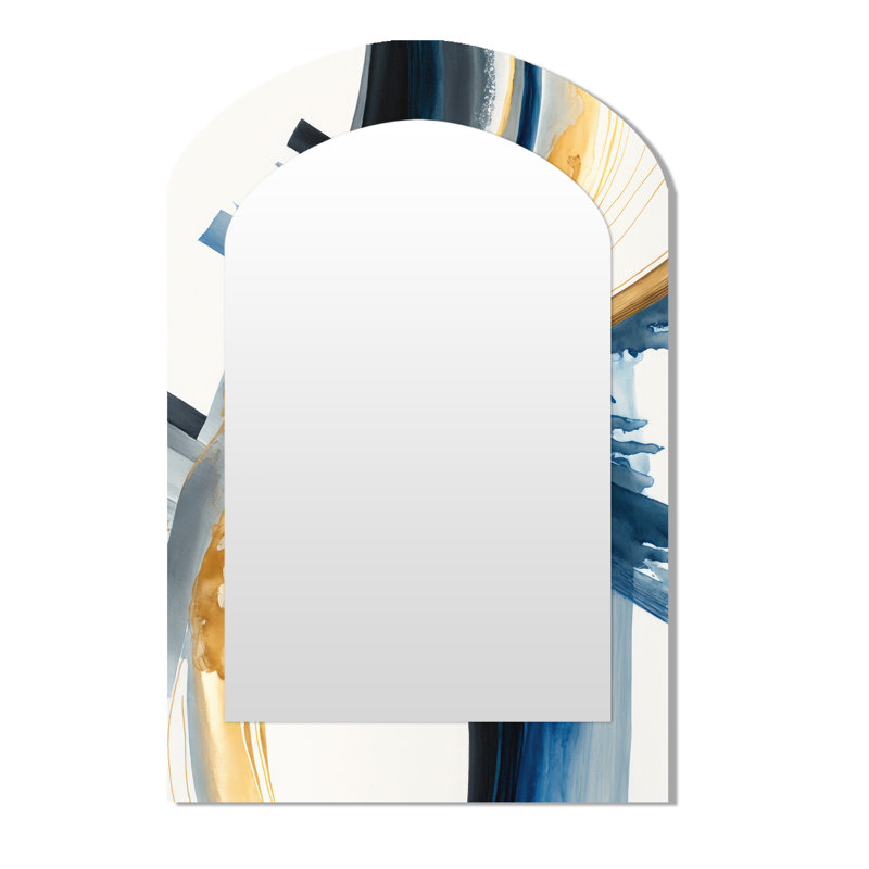 Blue And Gold Swirl Abstract I - Abstract Spirals Arch Mirror, Blue Asymmetrical Unique Wall Mirror, Printed Metal Art