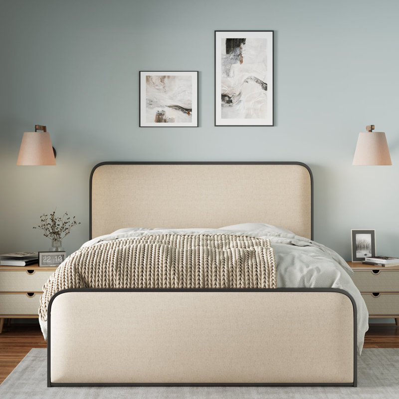 Cadre de lit très grand en métal, tête de lit tapissier beige et support de poids de 800 lb, cadre de rangement inférieur avec structure et