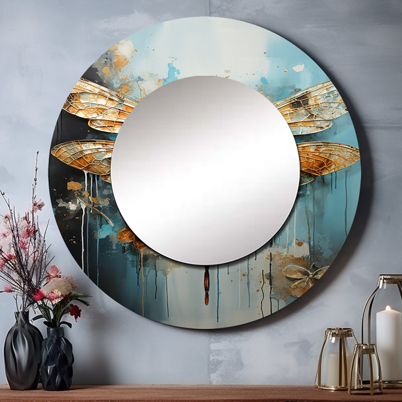 Reproduction de gouttes de libellule turquoise dorée - grand miroir mural, impression unique en métal doré, 23 po x 23 po