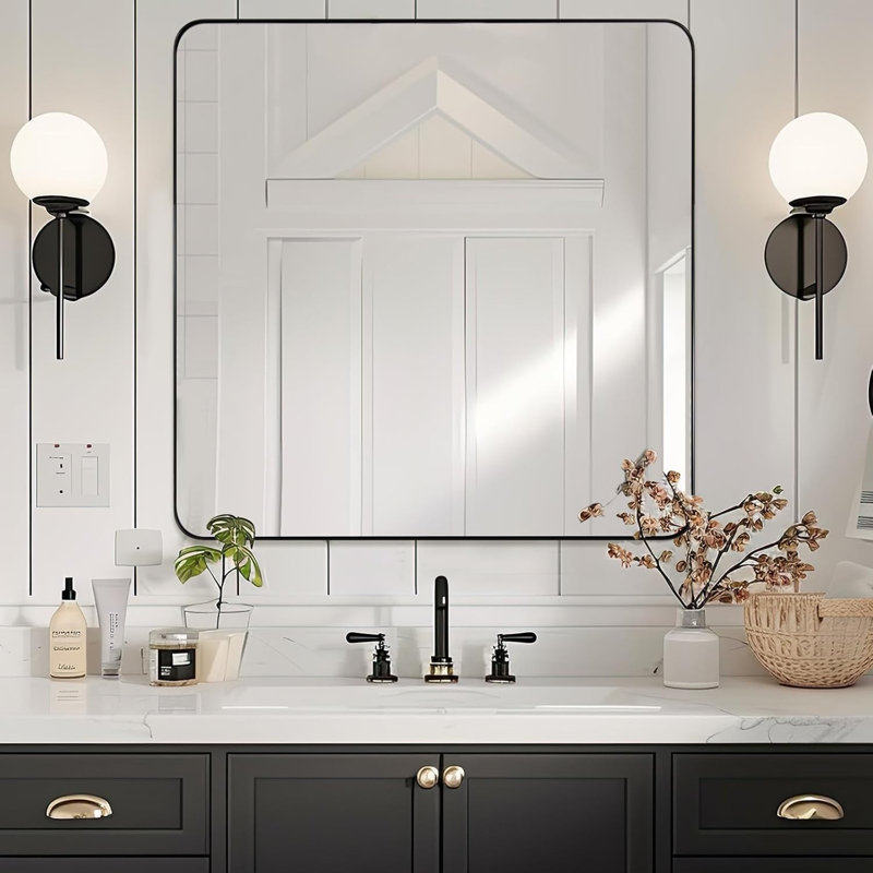 Miroir de salle de bain rectangulaire arrondi moderne Inse | Cadre en acier inoxydable, 24 po x 24 po, Noir mat