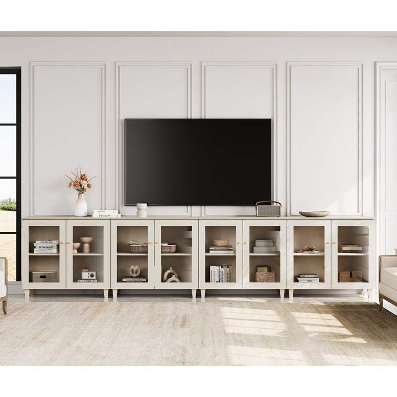 Meuble télé 4 en 1 avec portes en verre, console multimédia avec tablettes réglables et gestion des câbles, Beige