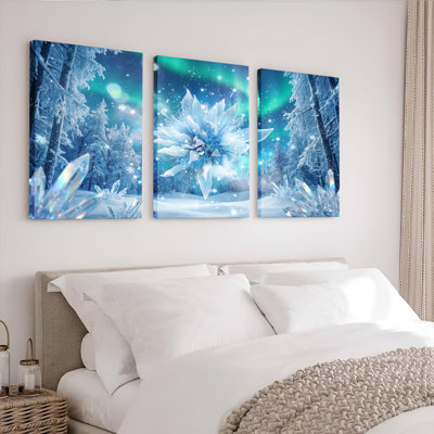 Ensemble de 3 tableaux sur toile tendue représentant une forêt d'hiver avec des fleurs de cristal et des aurores boréales