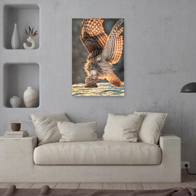 Golden Wings Winter Owl Abstract Contemporary Bird Owl Forest Landscape Wall Art Print 1 Piece Wrapped Canvas Wall Art