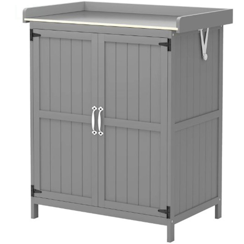 Wooden Potting Bench With 2 Doors,Outdoor Storage Cabinet,Garden Tool Shed With Metal Tabletop And Shelf, Gray