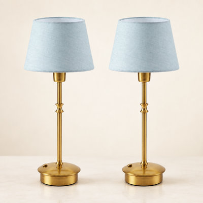14" Cordless Rechargeable Table Lamps with Blue Fabric Shades, 3-Level Touch Dimming, Antique Brass, Set of 2