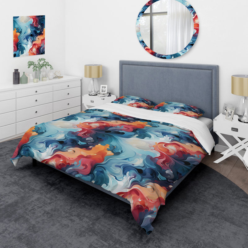 Ensemble de housse de couette en marbre bleu et orange Mystic Reverie, Housse de couette pour grand lit et 2 taies décor