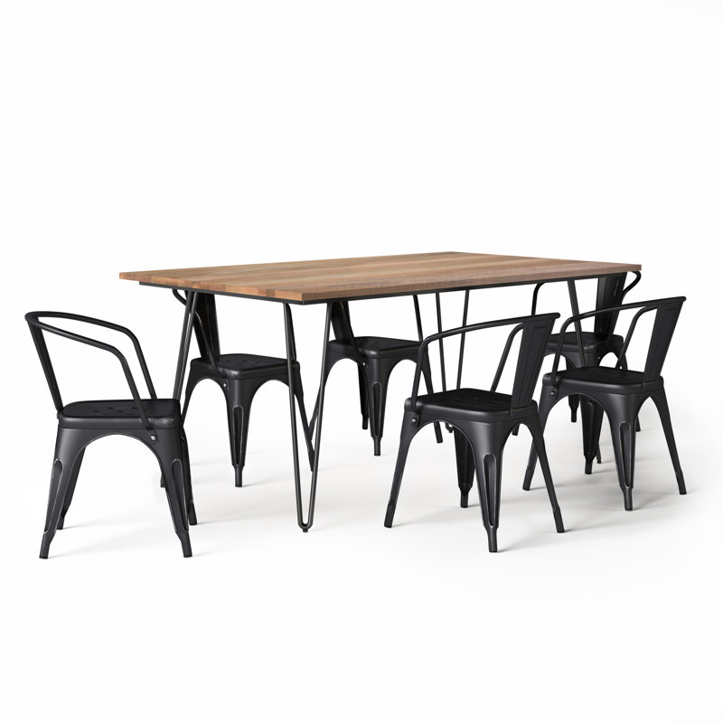 Ensemble repas industriel rustique 7 pièces avec table en bois de manguier massif et 6 chaises rembourrées Larkin
