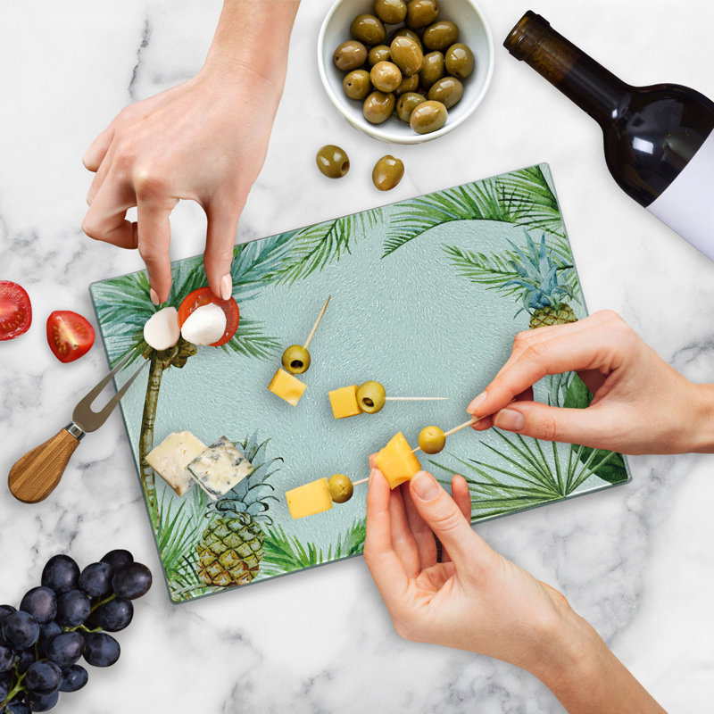 Ambesonne Tropical Tempered Glass Cutting Board Frame Style Palm Trees Multicolor