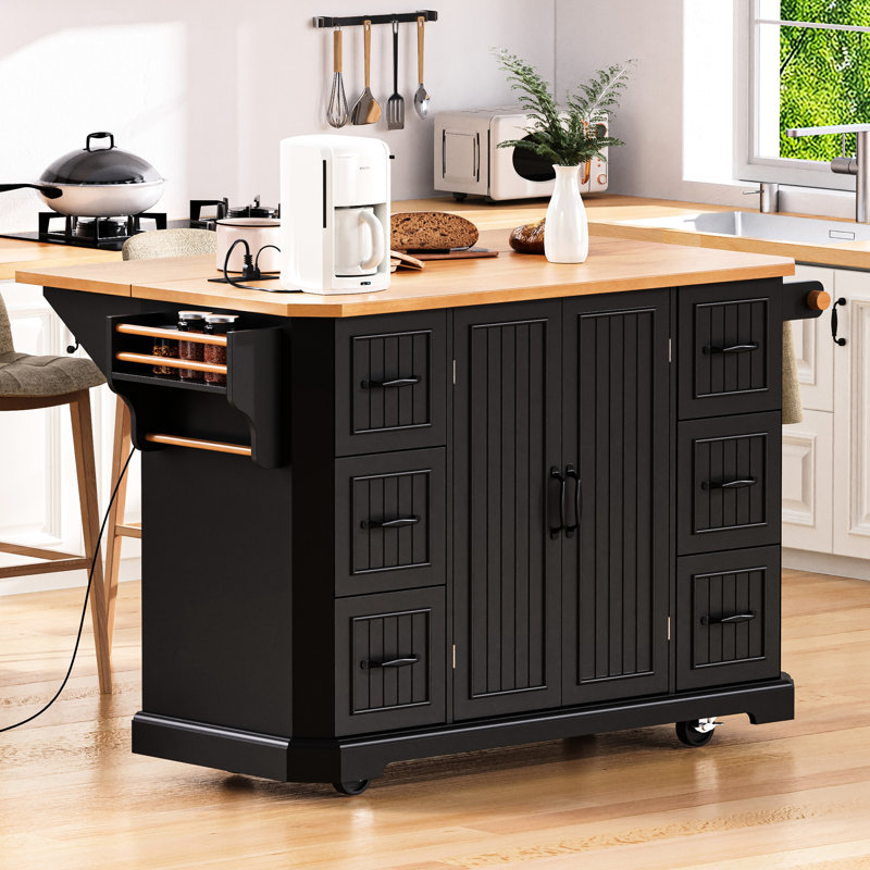 Large Kitchen Island With 47" Wide Top & Charging Ports, Black Rubber Wood Veneer Adjustable Shelves, 56 Inch, Black