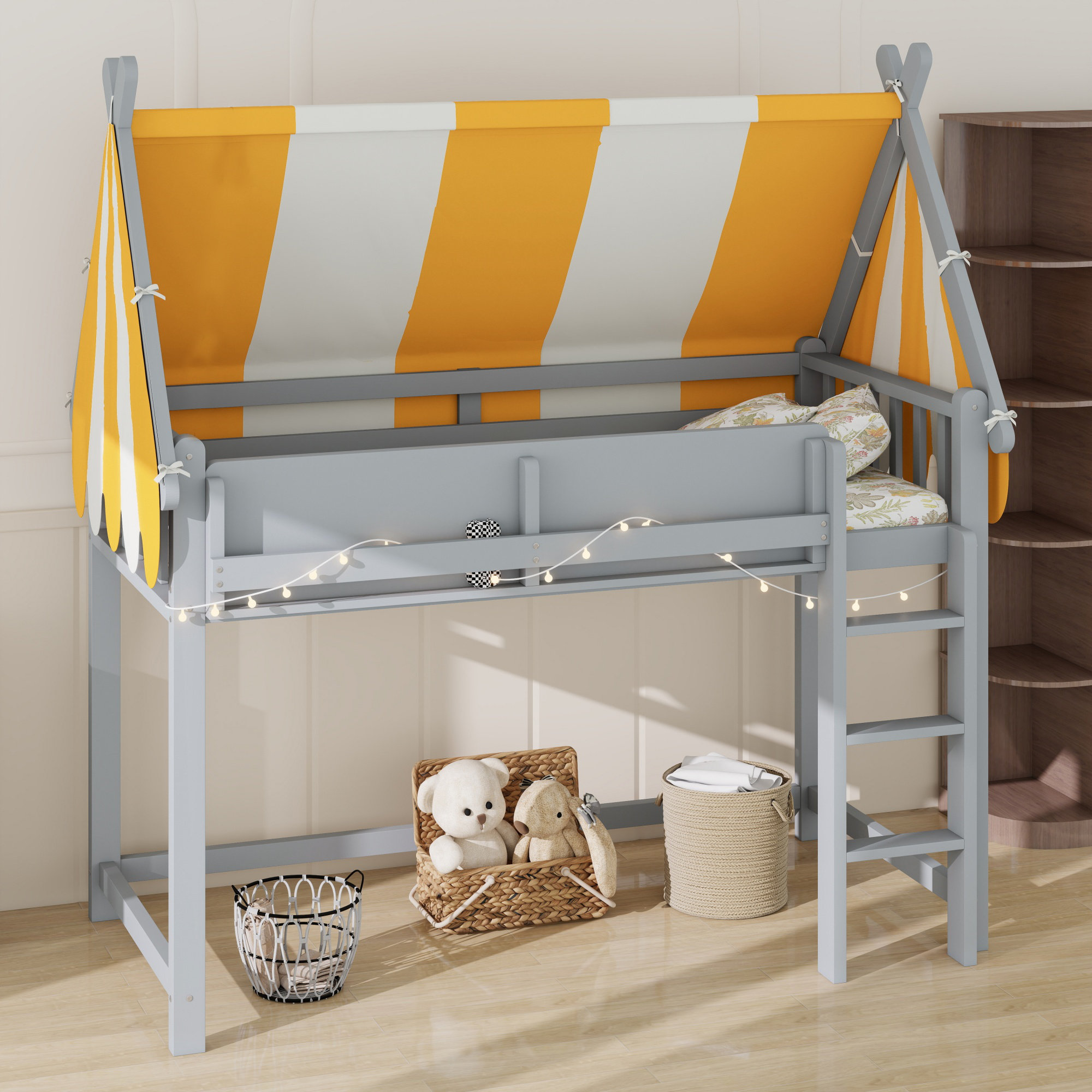 Harriet Bee Canopy Loft Bed With LED Lights And Book Shelf | Wayfair