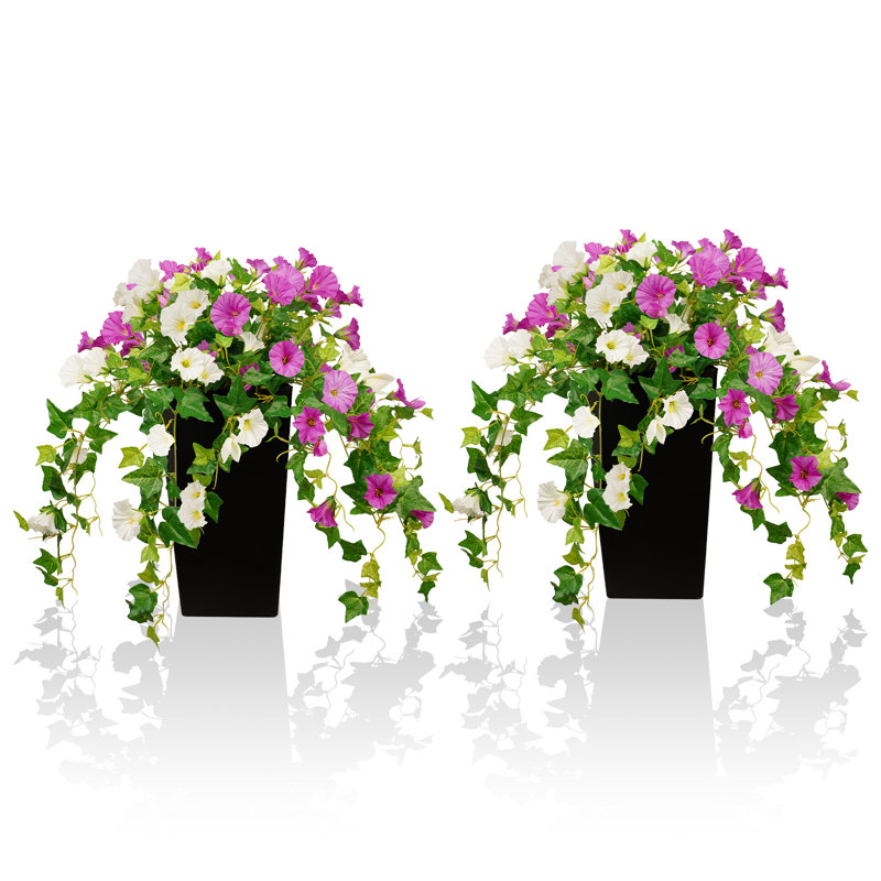 Set of 2 Artificial Petunia Flower Display with Black Square Planter Fake Flower Faux Plant  – Purple & White