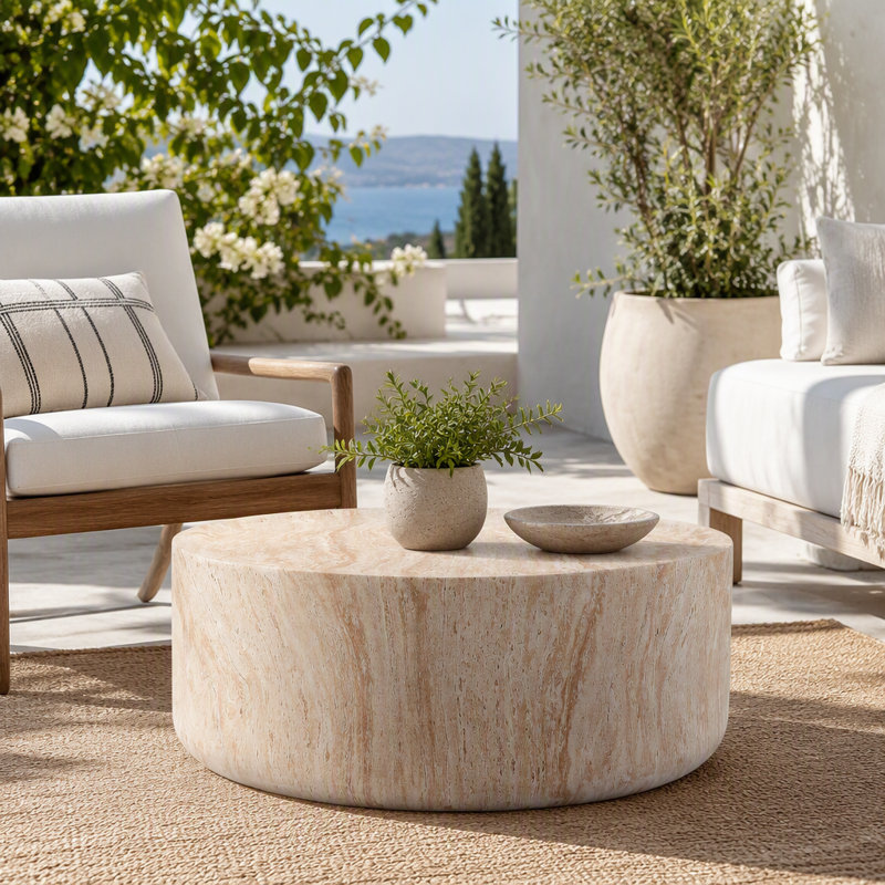 Table basse tambour en faux travertin discret