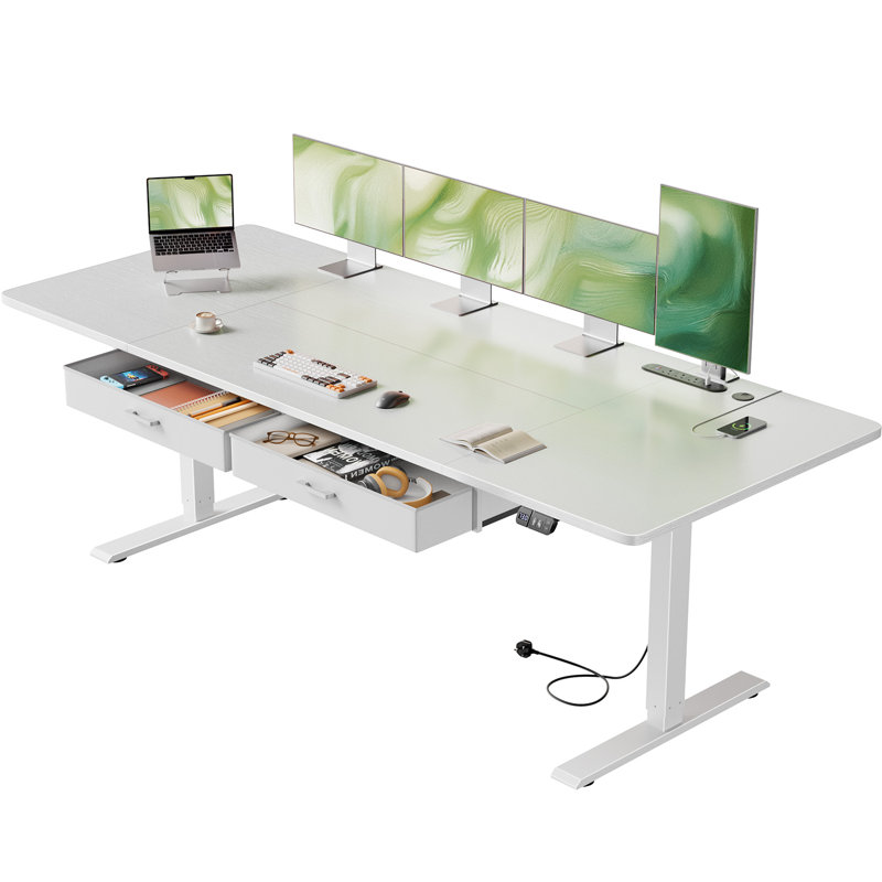 Adjustable Metal Base Standing Desk with Power Outlet, White/White, 160cm W x 80cm D