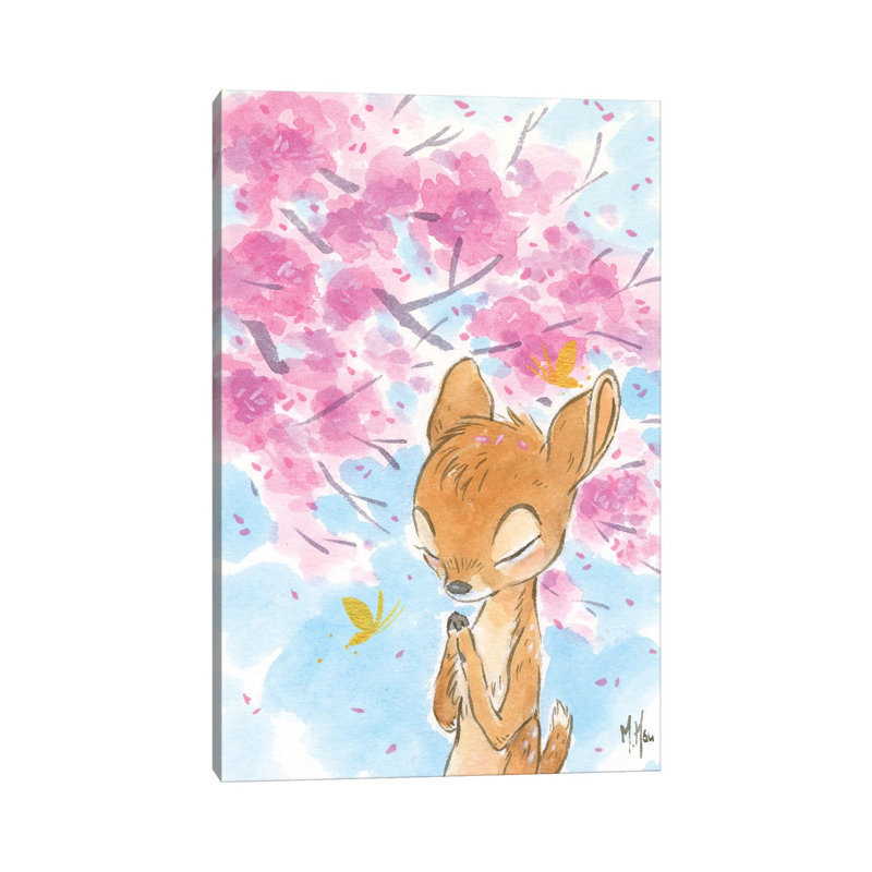 Cherry Blossom Fawn by Martin Hsu - Painting on Canvas, Wrapped Canvas, 20.32 cm H x 30.48 cm W