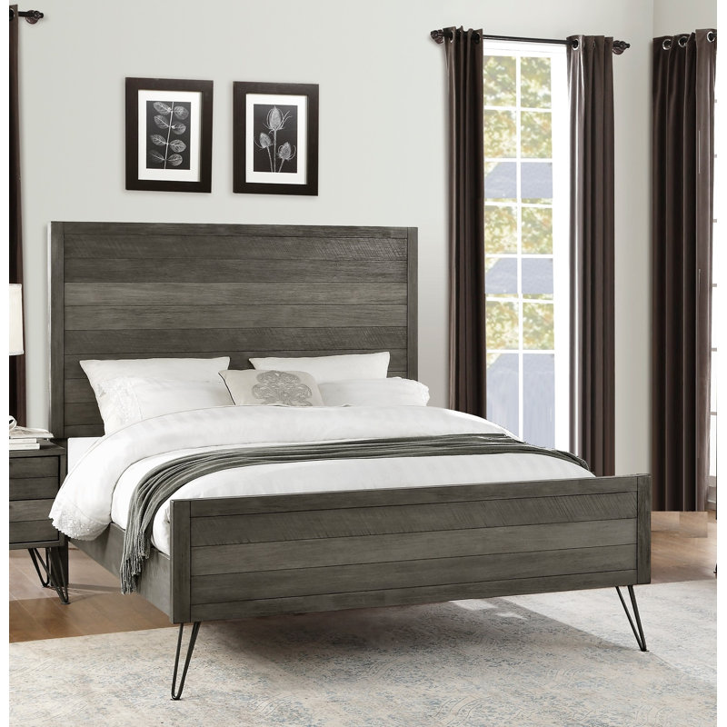 Mobilier de chambre contemporain à lattes en bois d'acacia massif avec pieds en métal et lambris 3 tons finition grise 1pc