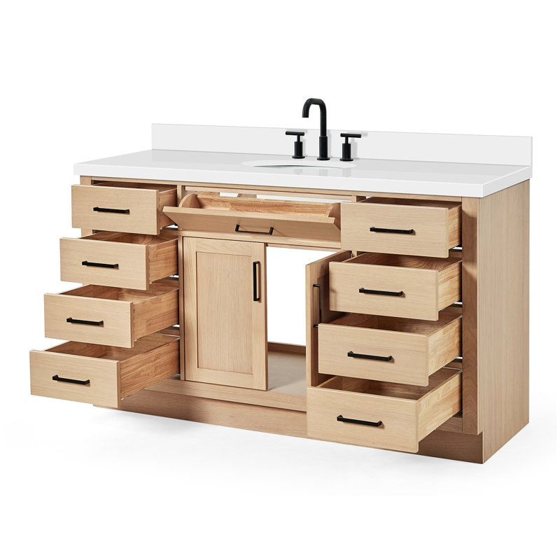 Meuble-lavabo simple en bois massif Tidworth avec plateau en quartz blanc de 1,5 po, Chêne naturel, Ovale