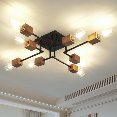 Retro Modern 8-Light Black Metal And Wood Sputnik Chandelier - Boho Ceiling Light Fixture