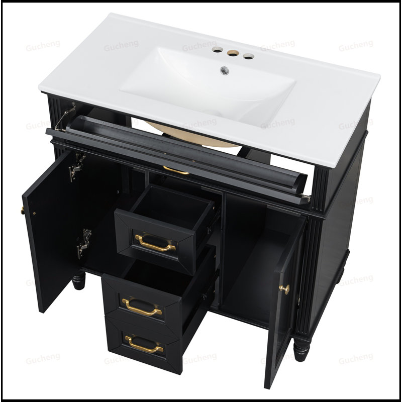 Meuble-lavabo à poignée dorée 36 po avec lavabo, Noir