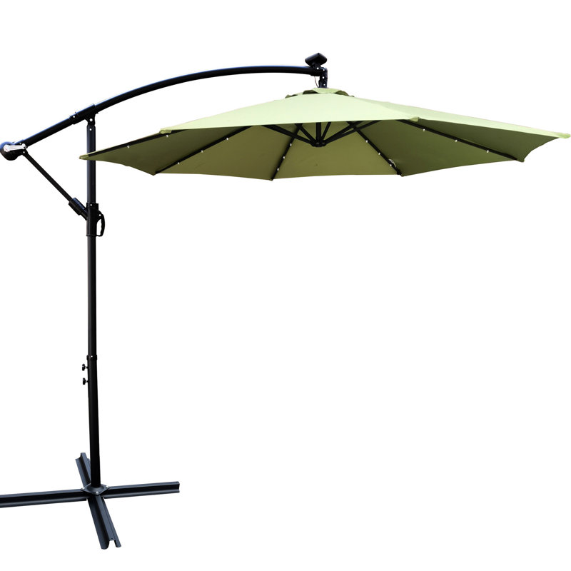 Parasol de terrasse à énergie solaire 10 pi. Pare-soleil imperméable pour le jardin. 8 baleines avec manivelle et base en croix. Auvent. Rouille - poteau en acier. Lumières à économie d'énergie. Fabrication. Installation facile. Lime.