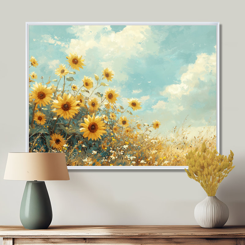 Campagne tournesols dans le vent - tournesols, art mural, H 24 po x l 32 po, Reproduction avec cadre flottant, Blanc