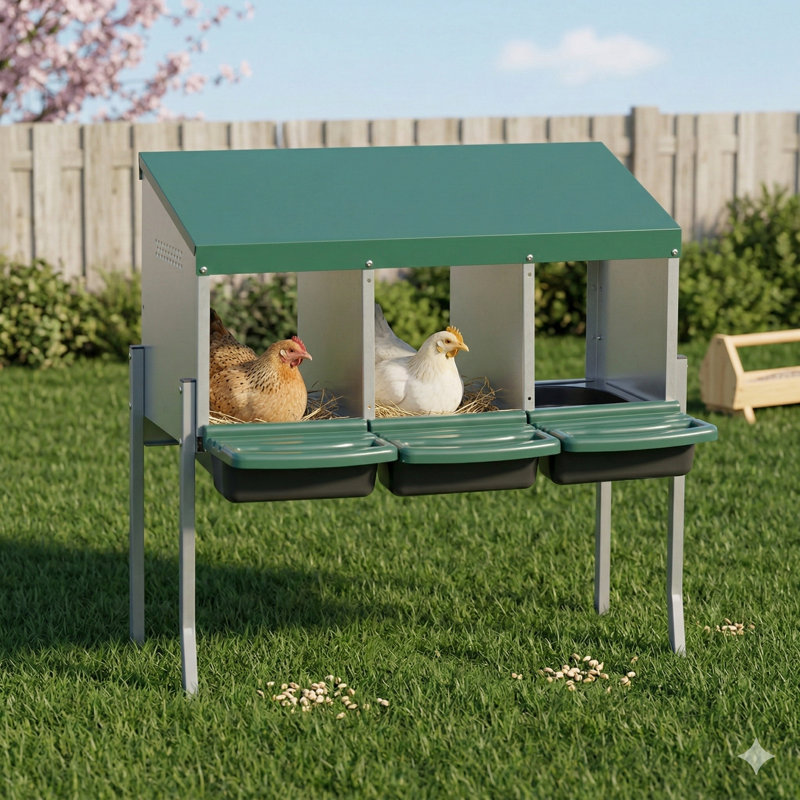 Ensemble de boîte de nidification pour poulets, boîte de pose à 3 compartiments avec pieds et couvercle, conçue pour les poulaillers, les fermes et les cours extérieures, finition verte