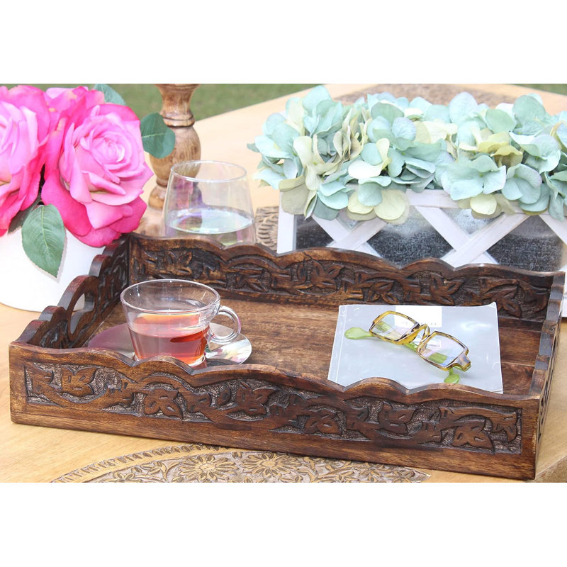 Hand Carved Wooden Serving Tray - Decorative Breakfast Tray With Handles - Rustic Wooden Food Tray With Intricate Detail - Unique Furnishing Accent - Natural Finish - 17 X 13 X 2.5 Inch