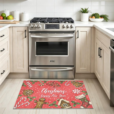 Red Machine Washable,Festive Christmas with Drawn Holly Leaves Bells Gingerbread and Indoor Area Rug