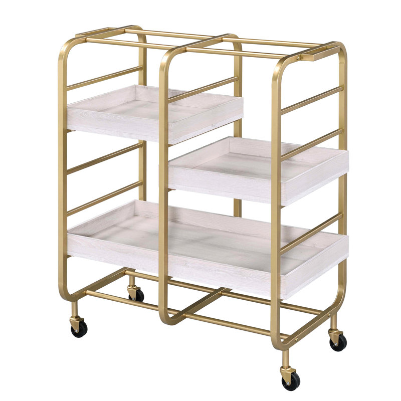 Gold And White Serving Cart For Dining - 3 Adjustable Trays, Metal Frame Kitchen With Trays Robust Enjoyment, Gold/White