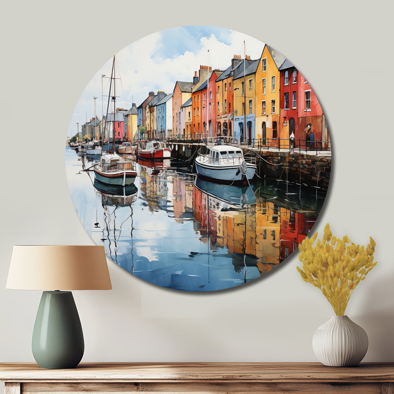 Acrylique d'Irlande port Reflectionsan II - paysages d'art rond en métal, H 23 po x l 23 po