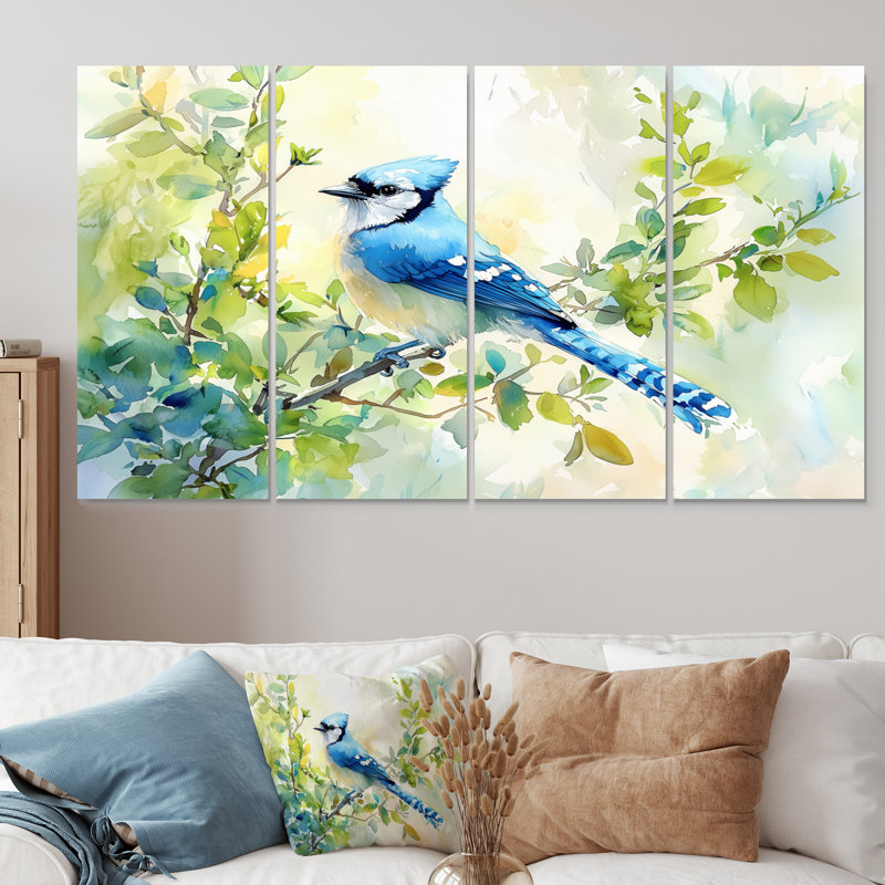 Geai bleu pastel perché sur une branche - Art mural oiseau - décoration murale moderne, H 28 po x l 48 po