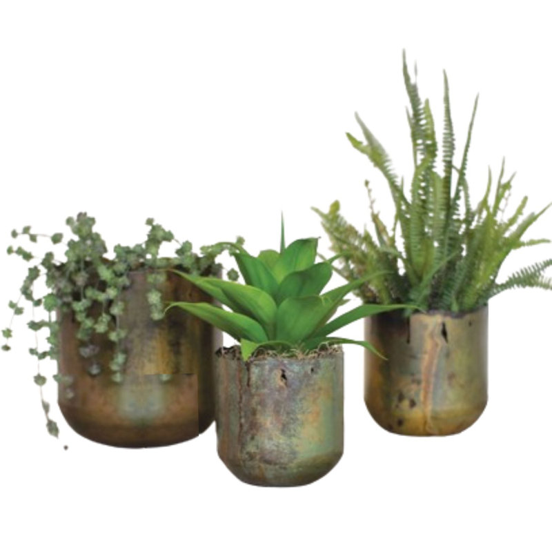  Rustic Verdigris Iron Planters – Antique Copper Finish Garden Containers for Indoor/Outdoor Display, Set of 3