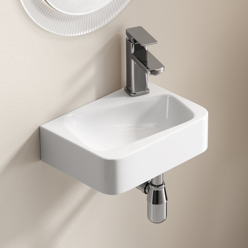 Topcraft 14" X 10" White Rectangular Wall-Mount Bathroom Ceramic Sink With Faucet And Drain Assembly - Right Side