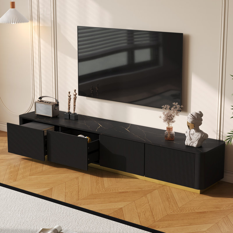 Meuble télé de luxe à cannelures, console multimédia en faux marbre avec 4 tiroirs, Noir
