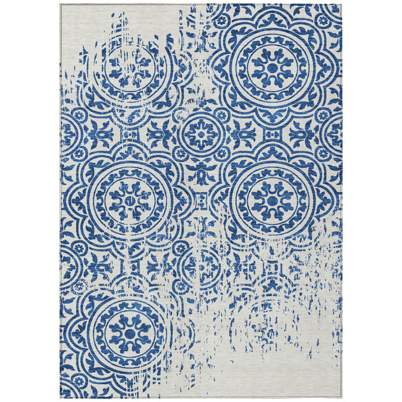 Tapis intérieur / extérieur 8 pi x 10 pi bleu marine et ivoire lavable