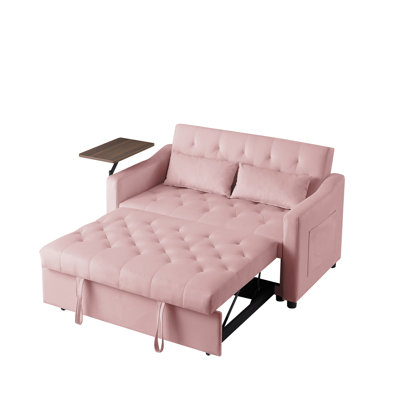 Lit convertible en velours rose - accoudoirs avec table d'appoint rotative, dossier réglable, mousse confortable, fabrication en bois massif, fonction de conversion rotative élégante, rembourrage en mousse, matériaux