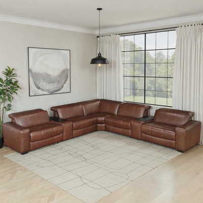 Hurst 139" 7-Piece Modular Power Reclining Sectional – Top Grain Leather 3 power recliners with Built-in USB-A & C Charging Ports and Dual Multi-Functional Consoles.