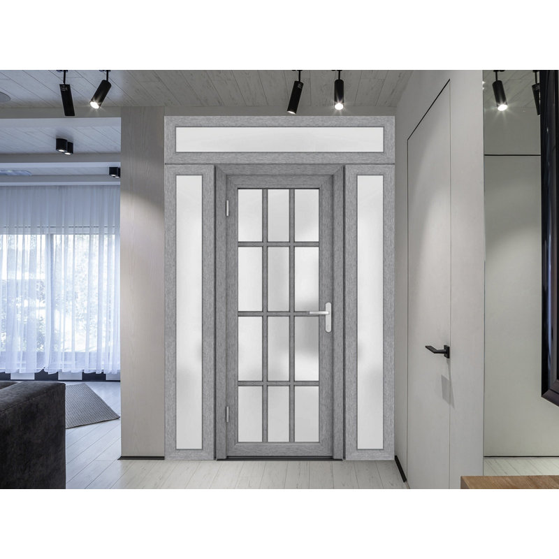 Front Exterior Prehung uPVC Metal-Plastic Door Frosted Glass Manux 8312 Grey Ash 2 Side and Top Exterior Window Office Commercial and Residential Doors Entrance Patio Garage-W12+36+12 x H80+14-Right-hand Inswing