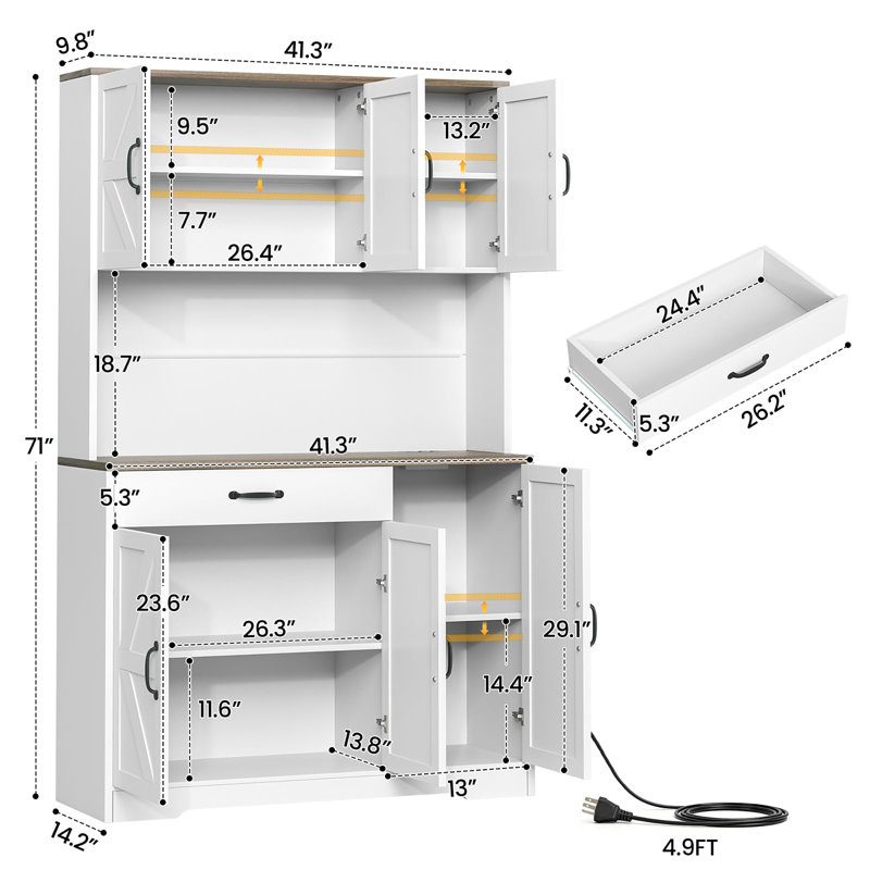 Garde-manger grande capacité 71 po avec station de charge, support pour micro-ondes et tablettes réglables 71 po