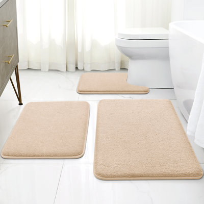  Upgraded Bathroom Rugs Set 3 Piece, Ultra Soft Memory Foam Bath Mats, Super Absorbent Non Slip Washable U-Shaped Toilet Bath Rug (Beige, 17"x24"+20"x32"+U-Shaped 20"x24")