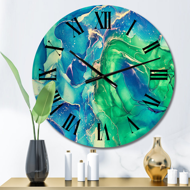 Bleu et vert, art liquide abstrait I - horloge murale moderne, Petit