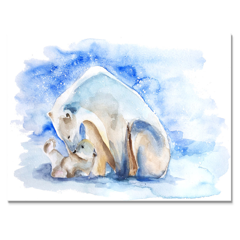 Ours polaire avec un ourson - peinture sur toile, H 12 po x l 20 po x P 1 po, Toile tendue