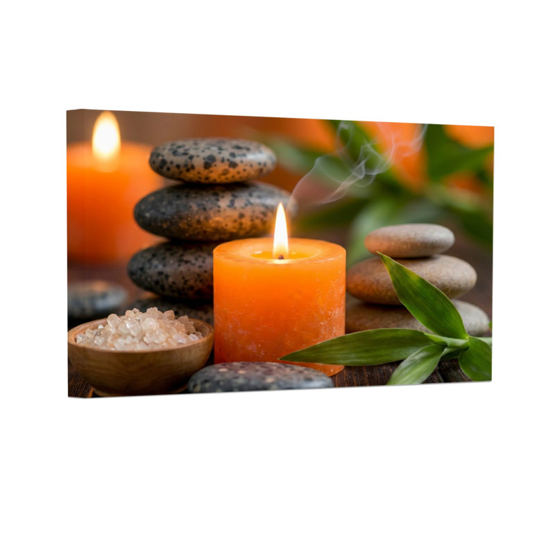 Bougies à la mode, pierres, feuilles, bol de sel, scène de spa paisible, H 24 po x l 36 po
