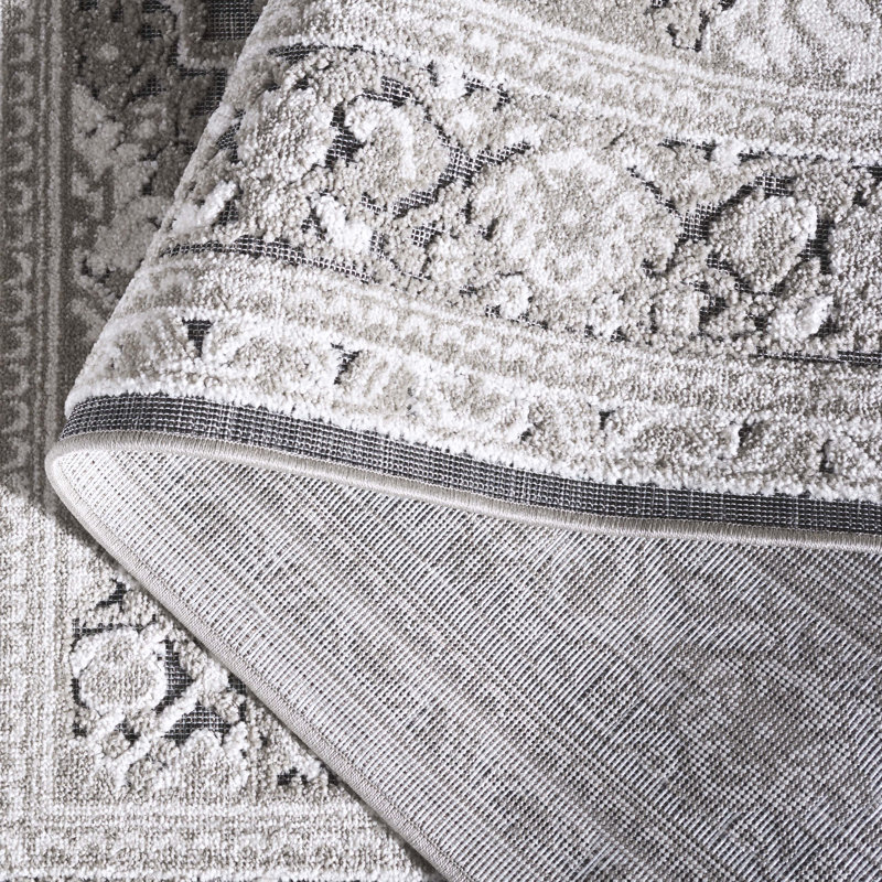 Brysin Oriental Machine Woven Power Loom Polypropylene Area Rug in Ivory/Gray, Square 6'7"