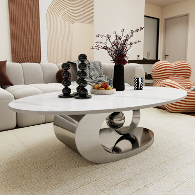 Modern White Marble Coffee With Stainless Steel Base,51" Oval Coffee Table With Marble Texture For Living Room by Everly Quinn