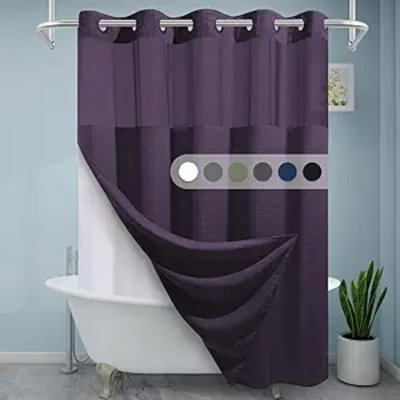 Lavender No Hook Shower Curtain With Snap In Liner,230GSM Waffle Weave Shower Curtains For Bathroom,71W X 74H