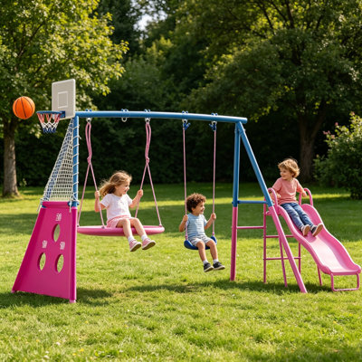 Ensemble de balançoire en métal 5-en-1 pour cour arrière, aire de jeu extérieure pour enfants avec glissade, soucoupe et balançoires à ceinture simple, panier de basketball + but de soccer, cadre en A robuste pour les enfants de 3 à 10 ans