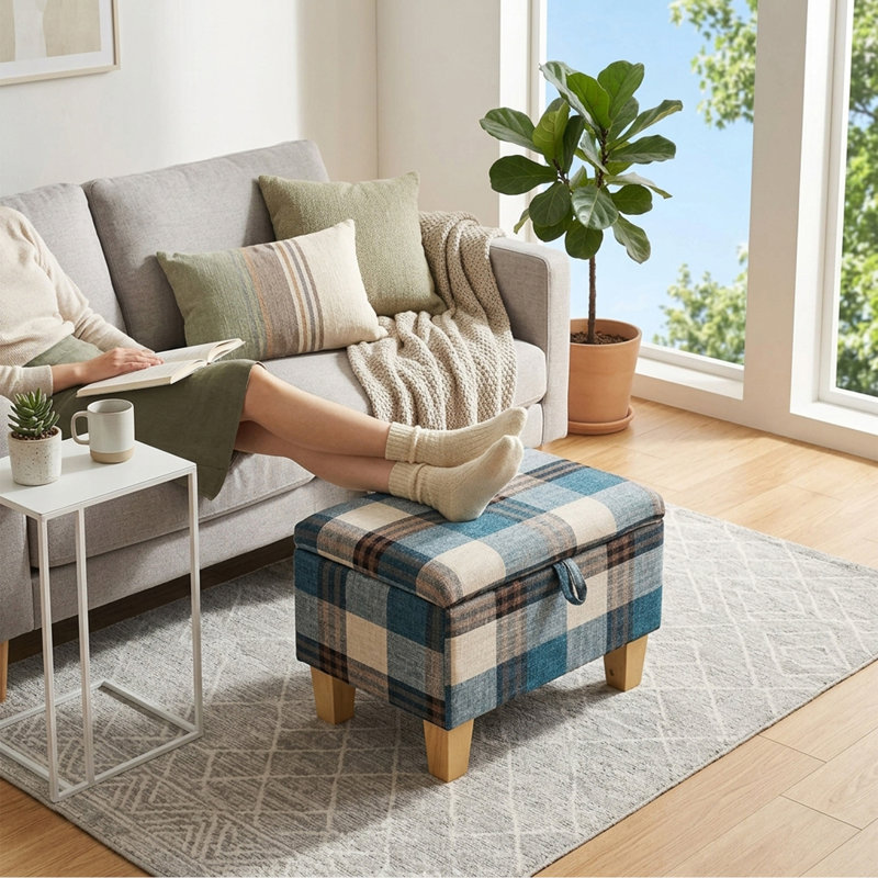 49cm Wide Rectangle Standard Ottoman, 36" H x 49" W x 33" D, Blue Plaid