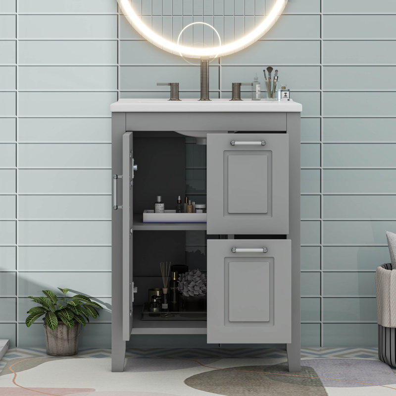 Meuble-lavabo avec tablette réglable et 2 tiroirs, Gris