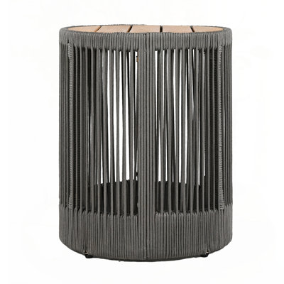 Outdoor Rattan Rope & Acacia Wood Side Table - Patio Balcony Furniture For Garden, Yard, Balcony - Weather Resistant(Rope Grey, Natural Iron)